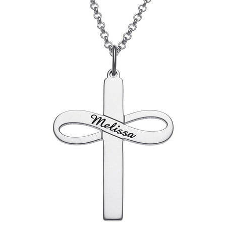 - Personalized Women's Sterling Silver or Gold over Silver Personalized Cross With Infinity Necklace, 18+2