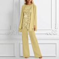 thumbnail image 2 of Women's Summer Solid Color Elegant Long Sleeve Crew Neck Lace Chiffon Floral Top and Wide Leg Pants Two Piece Pantsuit Wedding Guest Plus Size Yellow XXL, 2 of 5