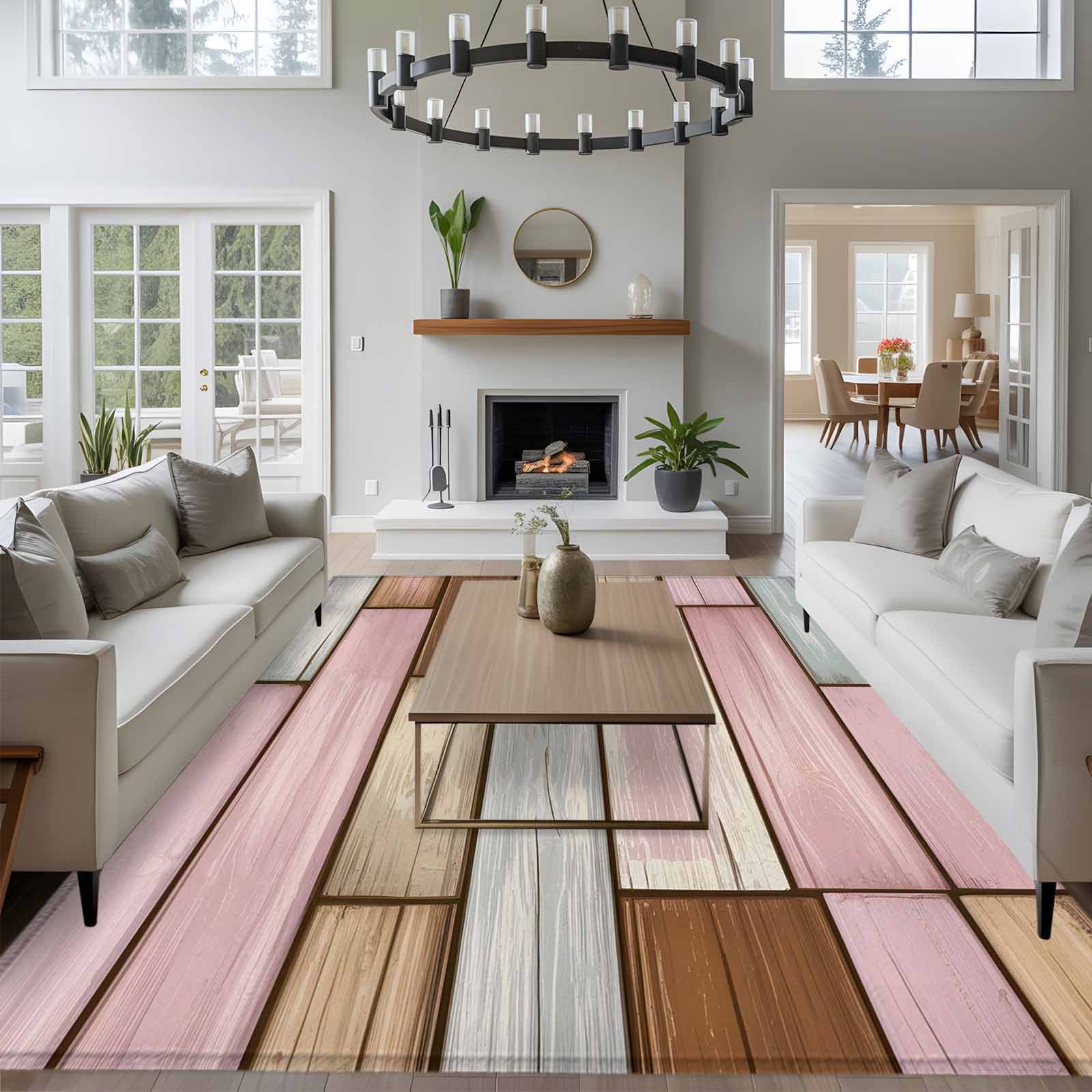 Large Area Rugs for Living Room Bedroom, Pink Brown Vintage 5'x8' Rug Washable Carpet Runner Indoor Outdoor, Retro Farmhouse Elegant Pastoral Non Slip Floor Mats Rug for Kitchen, Bathroom