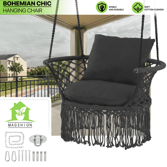 QueipA Macrame Hammock Chair Patio Swing Tassel Hanging Cotton Rope Cushion Seat Black