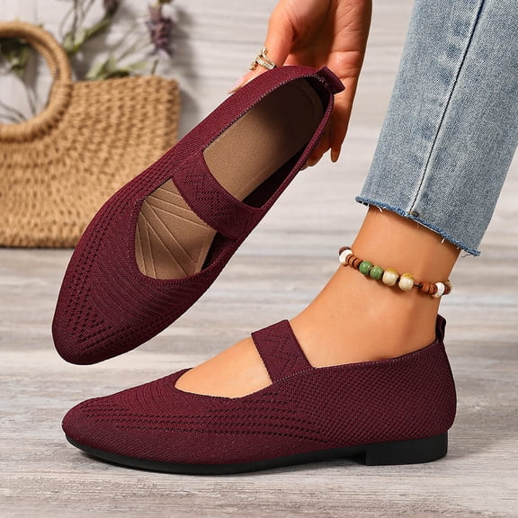 absuyy Womens Knit Pointed Toe Mary Jane Flats Elastic Strap Comfortable Breathable Low Block Heel Ballet Shoes Red,Size 5.5