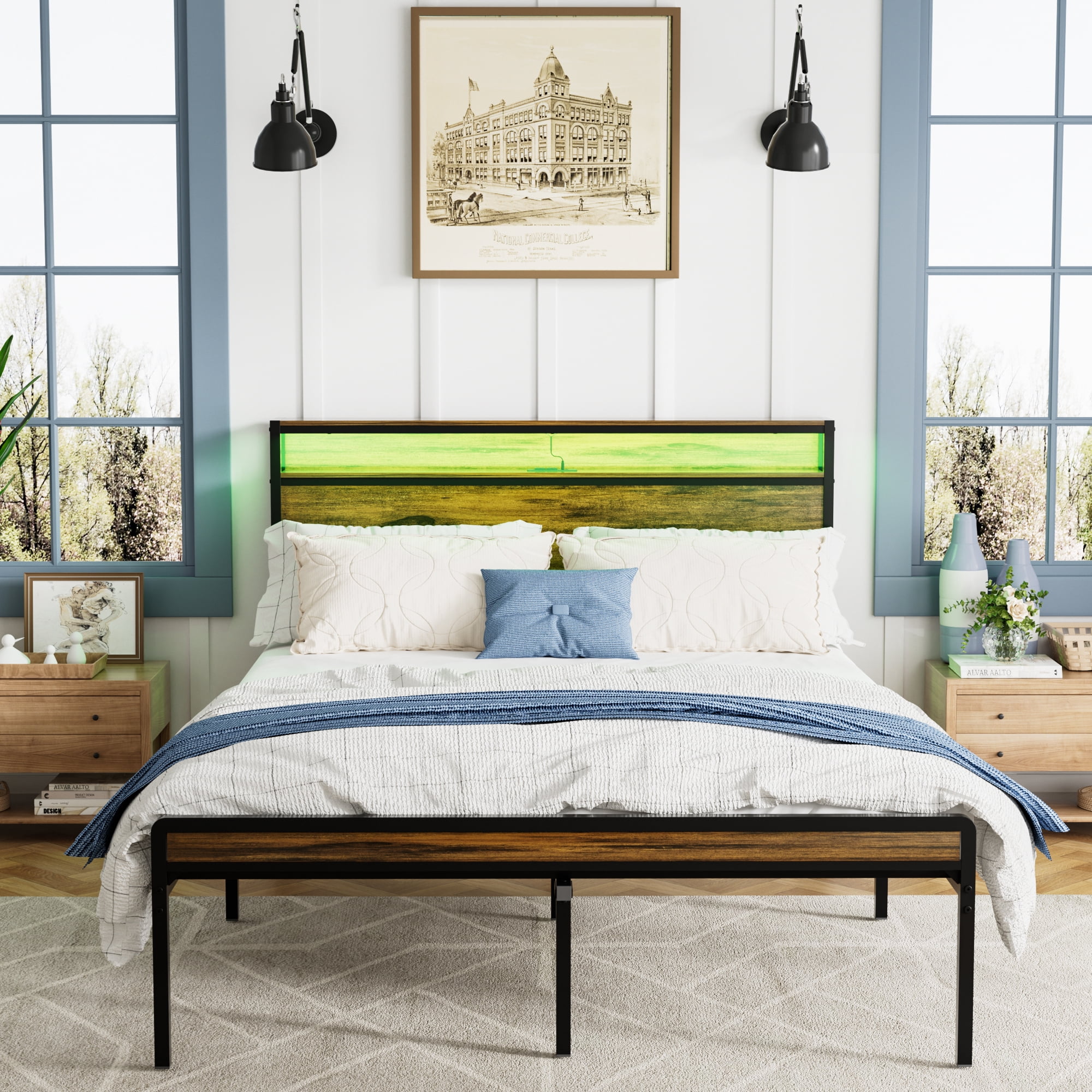 Yoneston Queen Size Bed Frame with 2-Tier LED Storage Headboard and USB Charging, Solid Wood Heavy Duty Kids Bed Noise Free - Rustic Brown