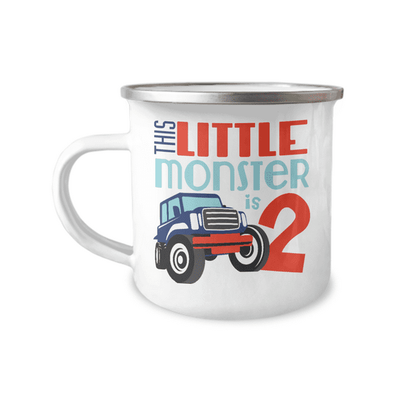 2nd Birthday Coffee Mug, This Little Monster Is 2, Coffee mug for Kid, Boy, Girl- 12 oz Stainless Steel Enamel Finish White Camper Coffee Mug