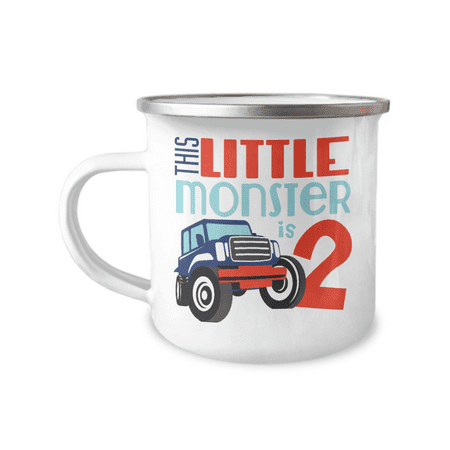

2nd Birthday Coffee Mug This Little Monster Is 2 Coffee mug for Kid Boy Girl- 12 oz Stainless Steel Enamel Finish White Camper Coffee Mug