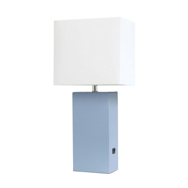 Modern table lamp featuring a rectangular blue leather base with USB port and a white fabric shade.
