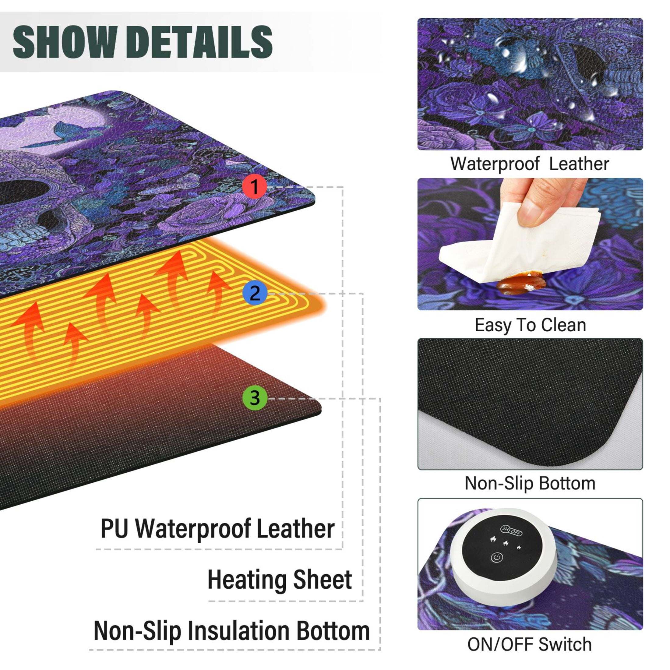 Large Heated Desk Mat Mouse Pad 31.5"x13"PU Leather Graphene Heating Desk Warmer with 3 Temperature Settings 110V US Plug Non-Slip Warm Pad for Home, Office, and Gaming Midnight Skull Butterfly Bloom