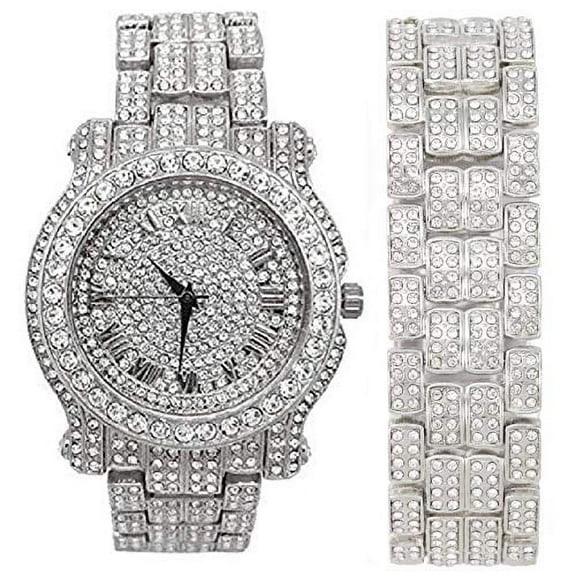 Charles Raymond Blinged Out Round Luxury Mens Hip Hop Wristwatch with Silver Dial and Iced Out Diamond Time Indicators w/Bling-ed Out Matching Bracelet - L0504DXB (Silver/Silver)