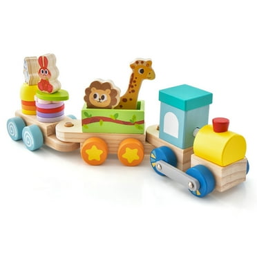 CIPACHO Wooden Kids Stackable Educational Train Set with Colorful Animal Toys and Retractable Locomotive, Toy Train for Boys & Girls