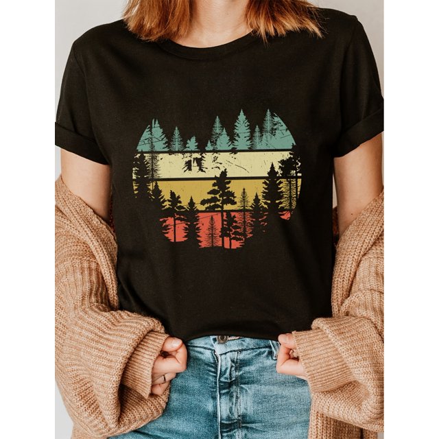 Women's 100% Retro Forest Graphic T-Shirt - Short Sleeve Crew Neck Casual Top with Pine Tree Sunset Print, Lightweight 180gsm Breathable Fabric for Summer & Spring Outdoor Activities, Casual Summer T