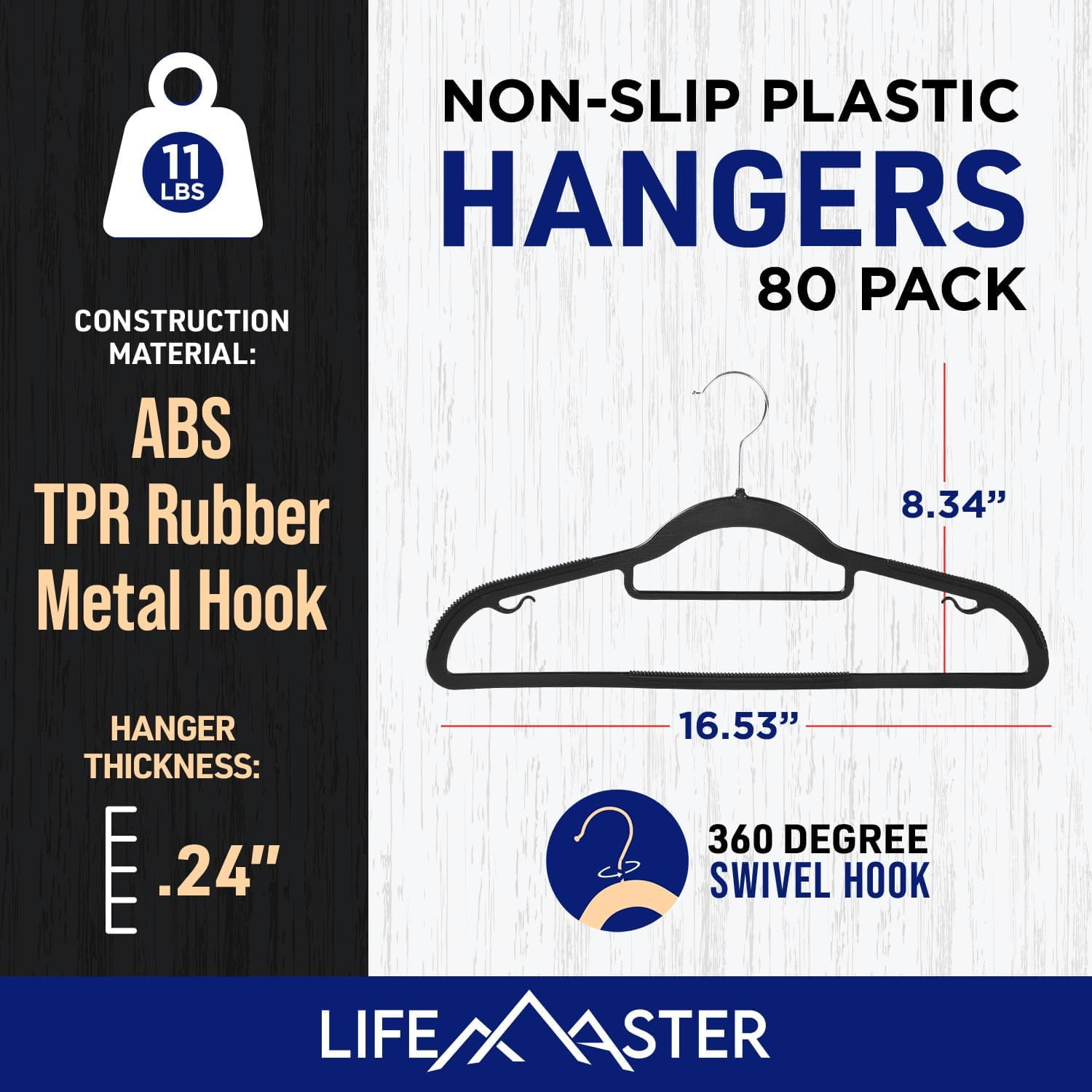 Lifemaster 80 Pcs. Dry Wet Clothes Hangers - Heavy Duty Coat Hanger Set with 360° Swivel Hook, Non-Slip, Space-Saving, Sleek Design - Accessory Tie Bar, Smart Strap Hooks, Non-Slip Pants Bar (Black)