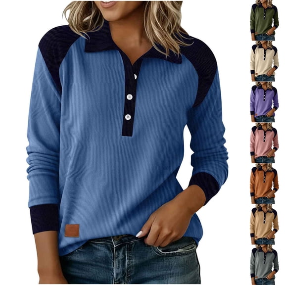 jobturf Long Sleeve Shirts for Women Patchwork Color Block Collared Work Tops Comfy Loose Lightweight Pullover Spring Fashion Going Out Blouses