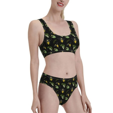 Uemuo Bee Floral Printed Women s High Waisted Bikini Sets Sporty Two Piece Swimsuits Color Block Cheeky High Cut Bathing Suits-XX-Large