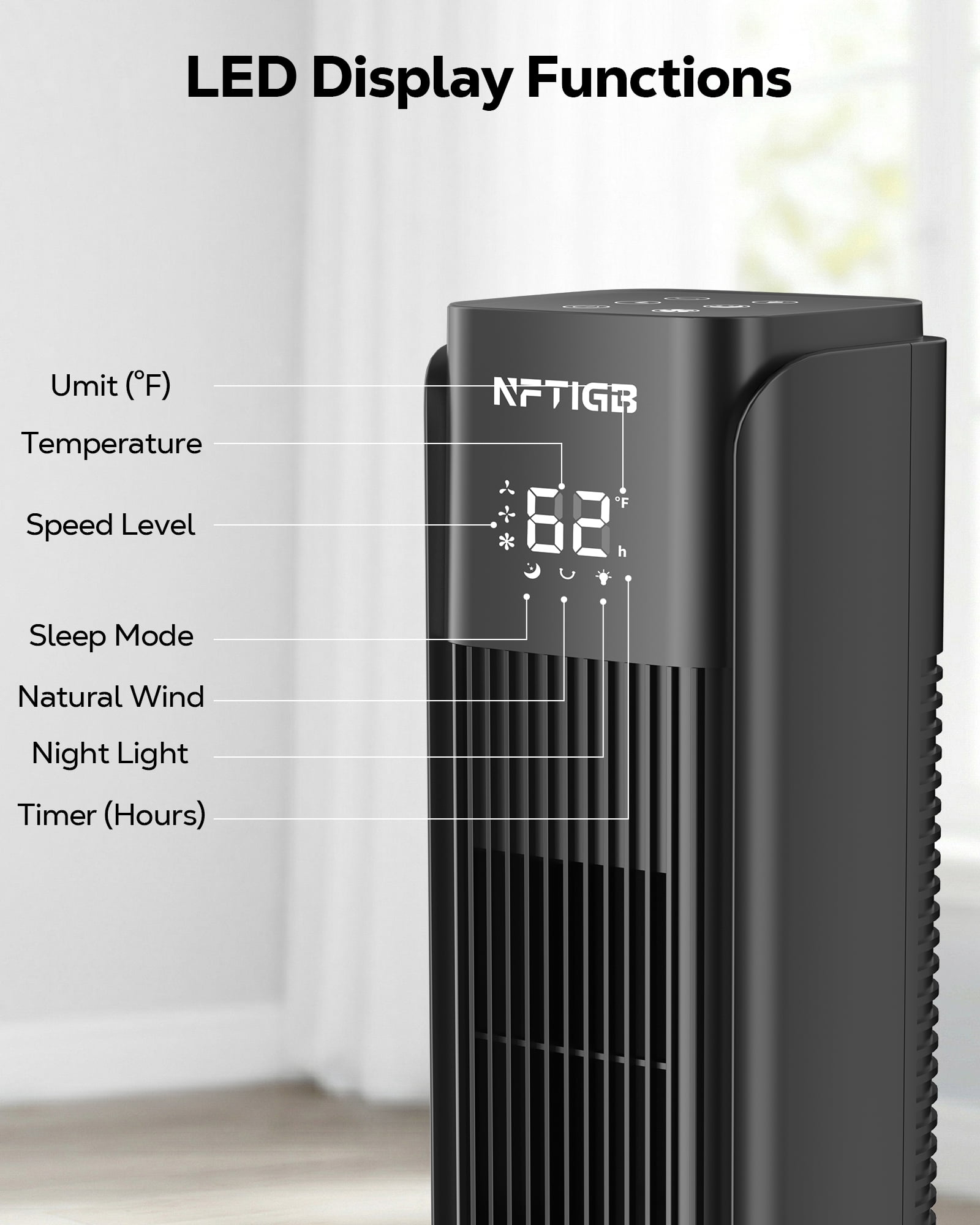 NFTIGB 36-Inch Tower Fan Quiet Oscillating Floor Fan with 3 Speeds, 3 Modes, 12H Timer, Bladeless Standing Fan for Home, Black