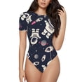 thumbnail image 1 of Saiise Motif de Vaisseau Spatial Dessin Animé Combinaison à Manches Courtes pour Femmes Col Rond Pyjama Justaucorps Extensible avec Fermeture à Pression-Grand, 1 of 7