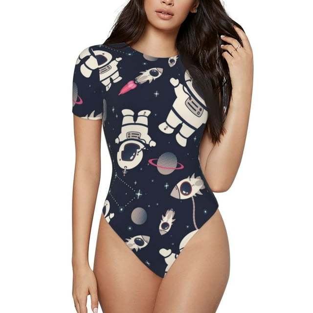 Saiise Motif de Vaisseau Spatial Dessin Animé Combinaison à Manches Courtes pour Femmes Col Rond Pyjama Justaucorps Extensible avec Fermeture à Pression-Grand
