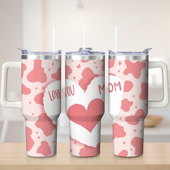 Pink Cow Print Love You Mom Stainless Steel Tumbler, 30oz