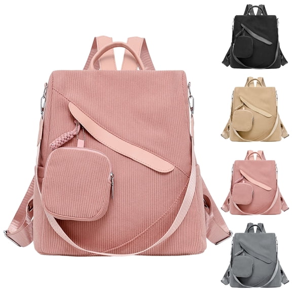 Stylago Backpack Purses for Women Square Corduroy Computer Bags with Zipper Pouch Crossbody Strap Schoolbag for Travel Work Black