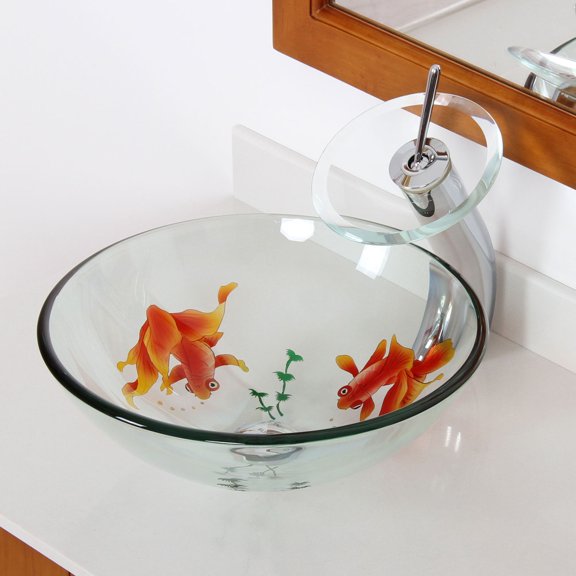 Elite Dragon Eye Goldfish Art Transparent Round Glass Bathroom Vessel Sink with Chrome Pop-up Drain and Mounting Ring - GD54 P01008C