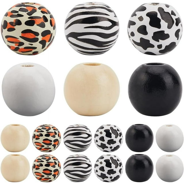 240 cuentas de madera en blanco y negro de 16 mm, cuentas de vaca, cuentas de madera con estampado de cebra y leopardo, redondas, espaciadoras de madera natural, cuentas sueltas