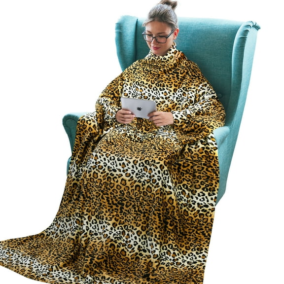 Tirrinia Wearable Fleece Blanket with Sleeves and Pocket for Women and Men, Super-Soft Microplush Full Body Robe for Lounge Couch, Cheetah, 51"" x 73""