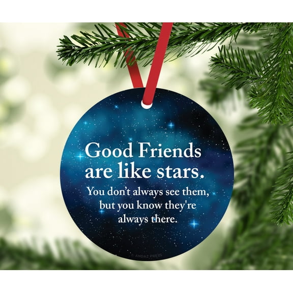 Round Metal Christmas Ornament, Good Friends are Like Stars, You Don't Always See Them, Watercolor Blue Stars Moon, 1-Pk