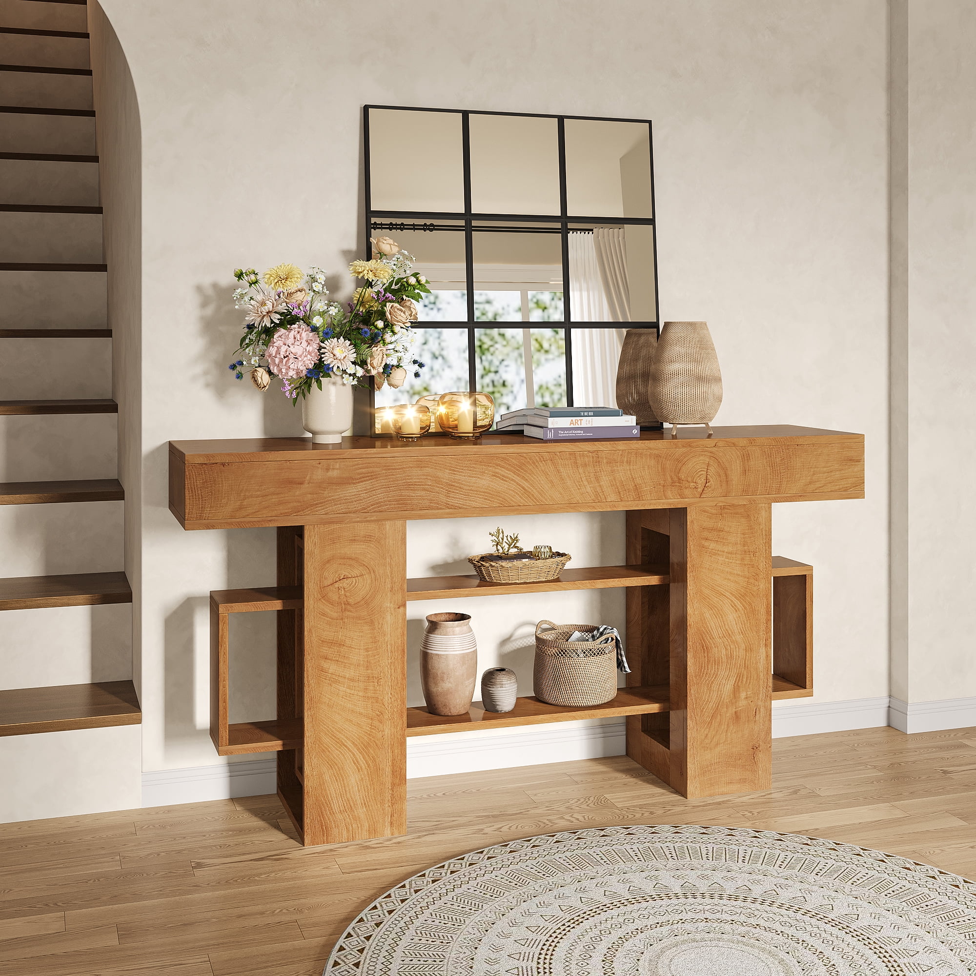 Frmobepts Console Table, Farmhouse 63" Long Narrow Entryway & Sofa Tables for Hallway, Tall Accent Table Behind Couch for Foyer Living Room,Oak