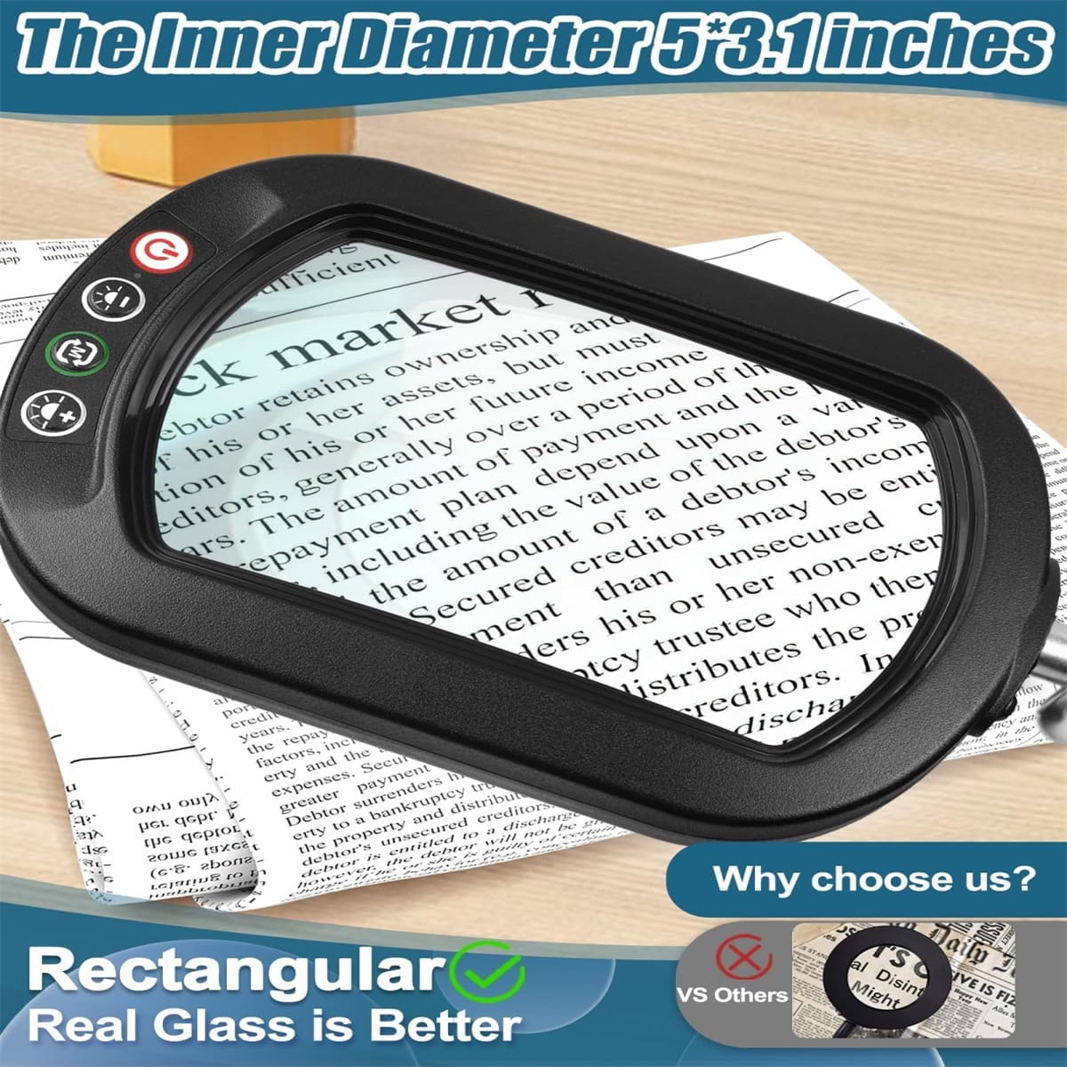 10X Rectangular Lens Magnifying Lamp - 5 Color Stepless Dimming, 2x16" Swing Arm, Head Buttons & 2.6" Clamp for Crafts/Reading/Seniors