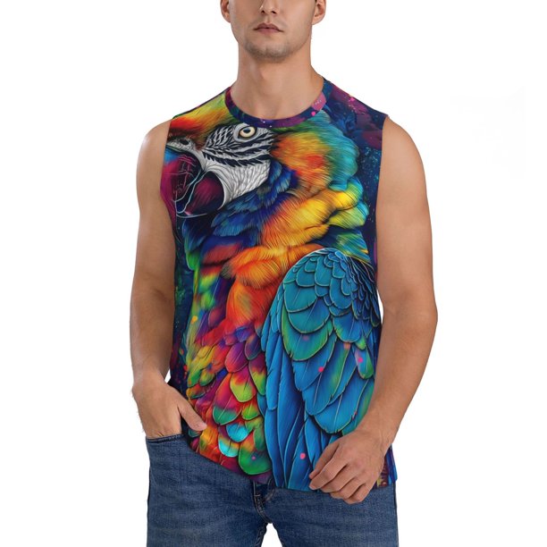 Fotbe Vibrant Rainbow Parrot Fantasy Men's Camiseta sin Mangas Estampada para Hombres, Playera Casual para Gimnasio, Entrenamiento, Playa-XX-Large