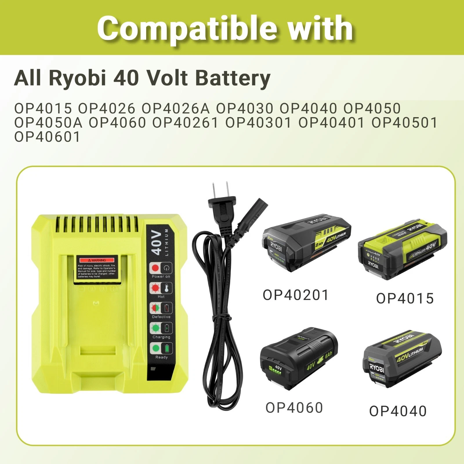 40V Fast Charger Compatible with Ryobi 40V Battery OP4040 OP4050 OP4060 OP4075 OP40261 OP40601 OP40602 OP40401 OP40301 OP40204 OP40201 OP4015 Compatible with Ryobi 40Volt Battery Charger OP401 OP406A