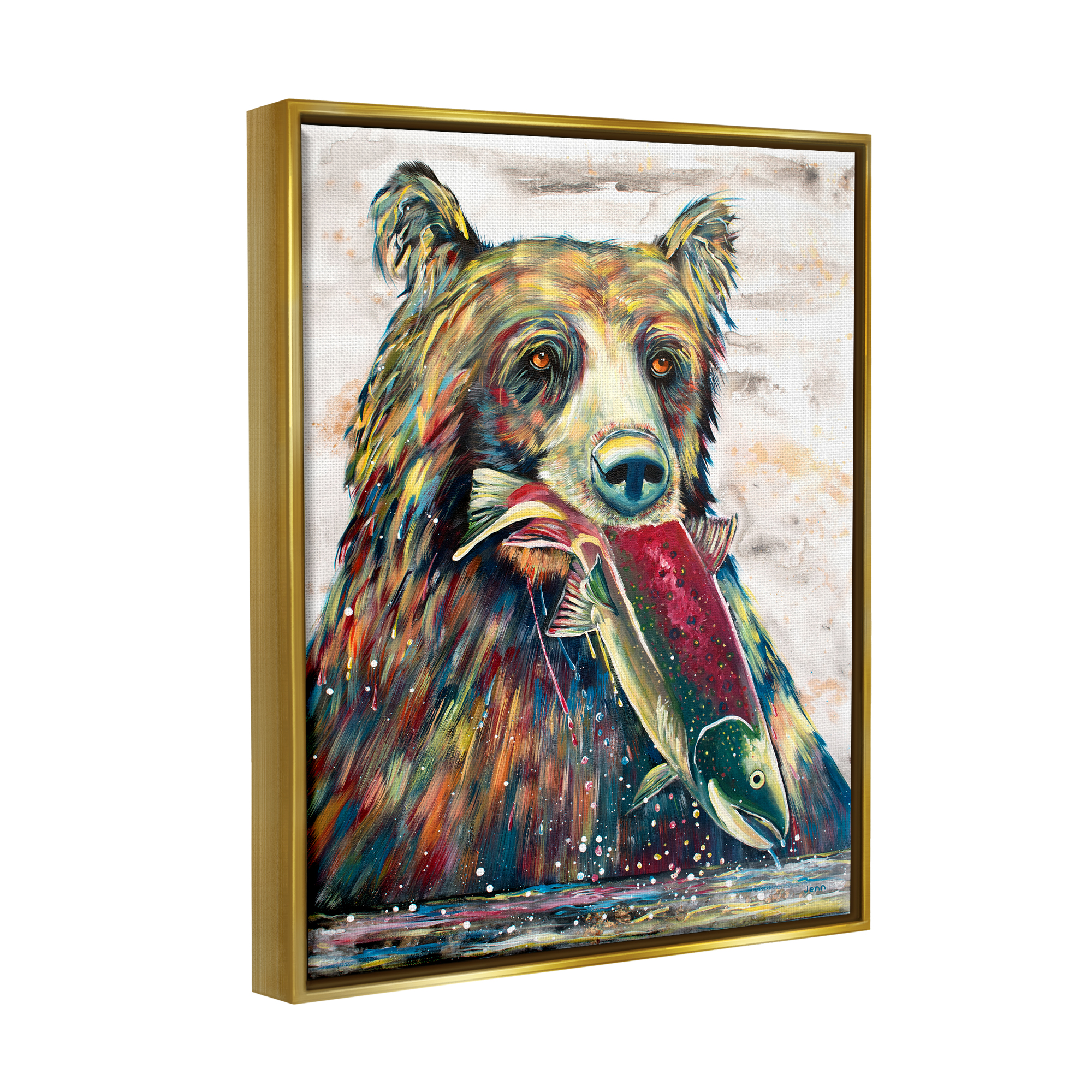 Stupell Bear & Fish Modern Wildlife Splash Animals & Insects Painting Gold Floater Framed Art Print Wall Art