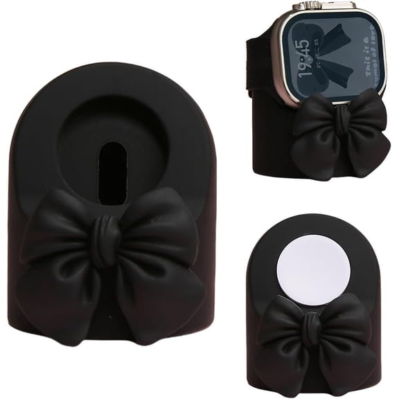 Charger Stand Compatible with Apple Watch Series Ultra2/Ultra/10/9/8/7/6/5/4/3/2/1/SE2/SE, for iWatch Cute 3D Bow Tie Silicone Charging Desk Stand Dock Holder Night Stand Mode, Black Bow