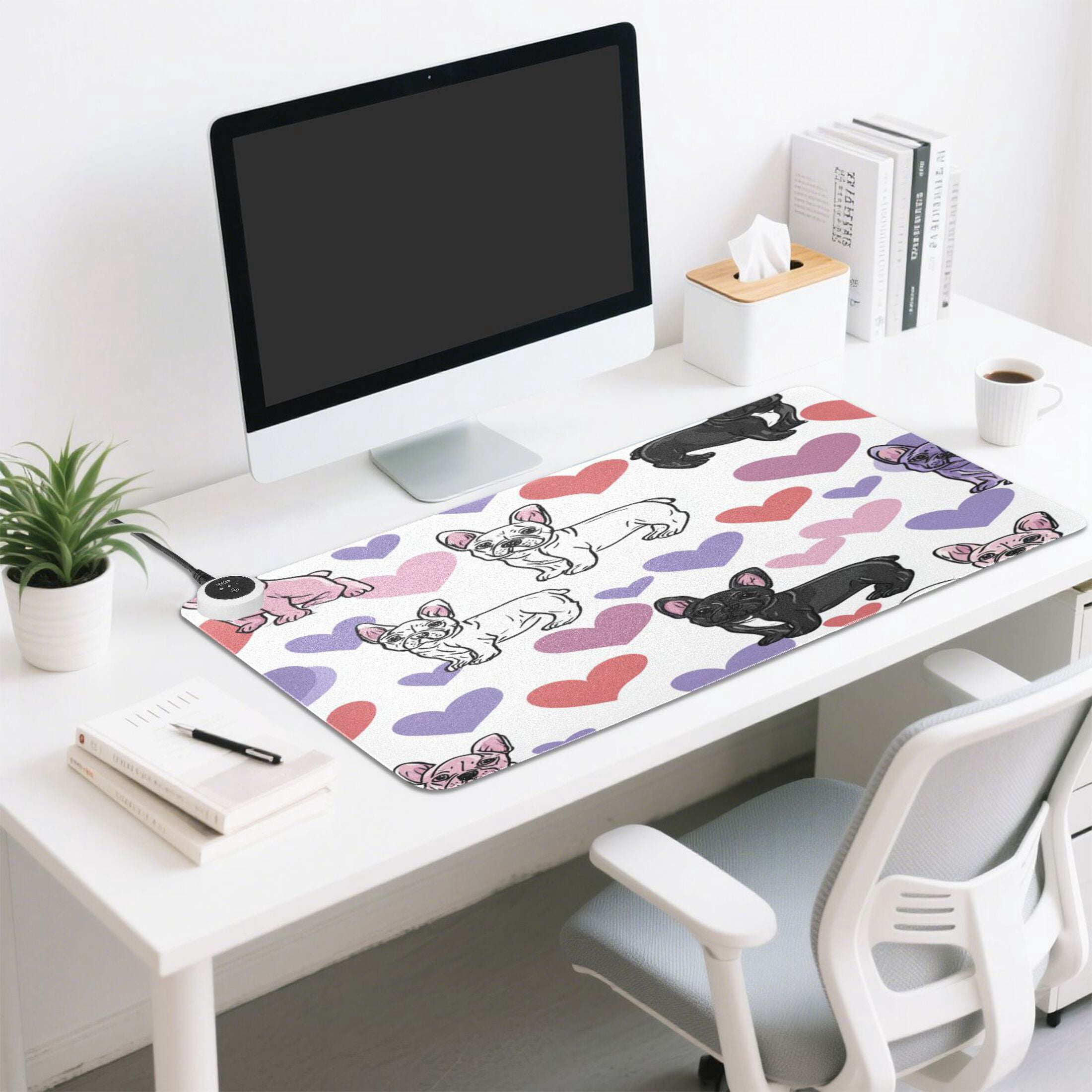 Large Heated Desk Mat Mouse Pad 31.5"x13"PU Leather Graphene Heating Desk Warmer with 3 Temperature Settings 110V US Plug Non-Slip Warm Pad for Home, Office, and Gaming Cute Frenchie Heart Background