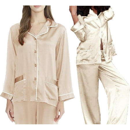 

Pajamas For Women Set Satin Long Sleeve Shirt and Solid Color Pants