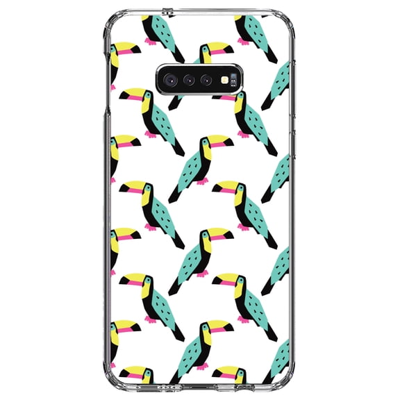 DistinctInk Clear Shockproof Hybrid Case for Samsung Galaxy S10e (5.8" Screen) - TPU Bumper, Acrylic Back, Tempered Glass Screen Protector - Summer Graphics - Toucan Pattern - Teal