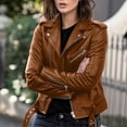 thumbnail image 2 of Leather Jacket Women Plus Size Fashion Long Sleeve Zipper Fitted Artificial Leather Coat Fall Short Slim Coat Jackets for Women Brown S, 2 of 7