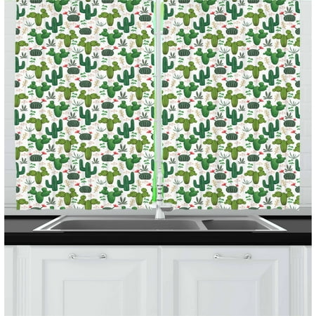 Cactus Curtains 2 Panels Set, Various Saguaro Botanical Exotic Succulent Mexican Tropical Floral Plants Cacti, Window Drapes for Living Room Bedroom, 55W X 39L Inches, Multicolor, by