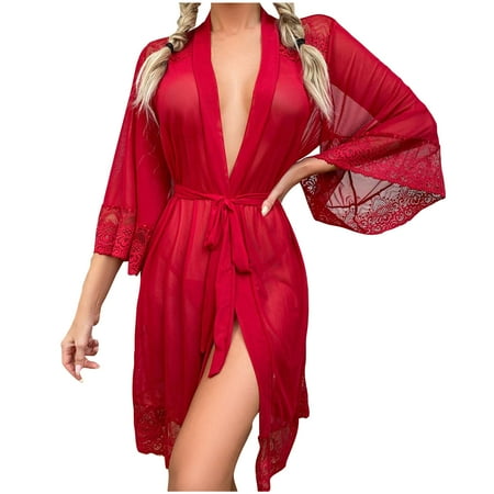 Womens Robe Women Lace Kimonos Robe Lingerie Mesh Sheer Chemise Nightgown Short Nightdress Women s Robes S-28 Red-a M