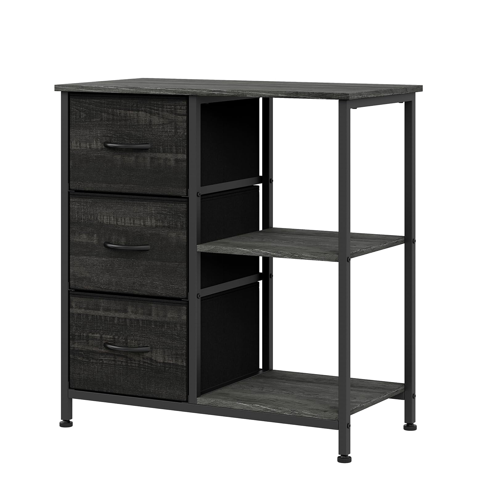 Modern 3 Drawer Fabric File Cabinet with Open Storage Shelves – Under Desk Organizer, Printer Stand, Robust Steel Frame, Multi-Functional Storage Solution for Home Office – Black