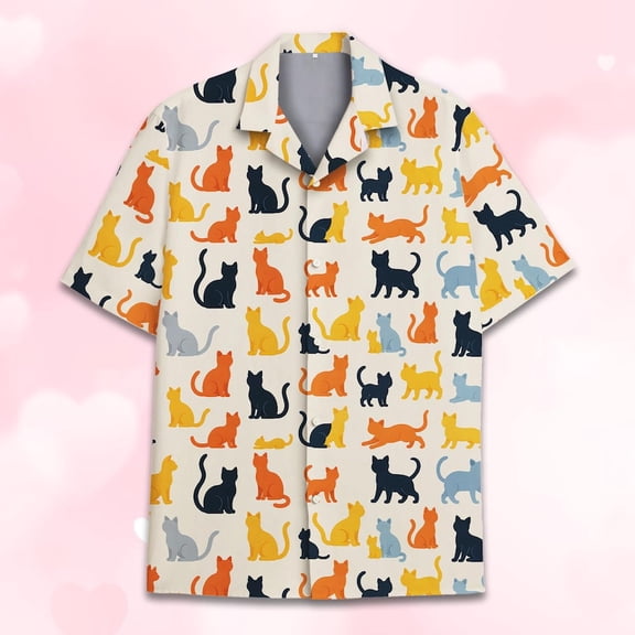 Colorful Silhouette Cat Hawaiian Shirt, Cat Button Down Shirt, Aloha Shirt Short Sleeve