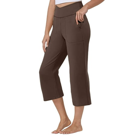 Prdecexlu Womens Leggings Capris Tummy Control Casual Crossover High Waisted Cycling Slim Cropped Yoga Pants Summer Butt Lifting Soft Workout Capris Yoga Pants Coffee L