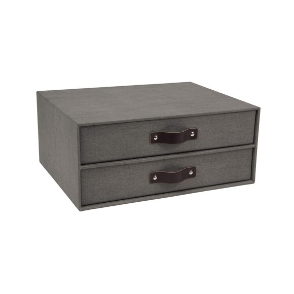 Bigso Birger Boîte à Documents et à Lettres en Panneau de Fibres de Toile à 2 Tiroirs à Poignée Facile à Tirer / Tiroirs de Bureau pour Papiers et Documents en Vrac / Tiroirs de Rangement de Bureau avec Poignées en Cuir / 13.1” x 10” x 5.7” / Gris