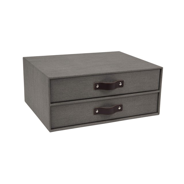 Bigso Birger 2-Drawer Canvas Fiberboard Easy Pull Handle Document Letter Box | Desktop Drawers for Loose Papers and Documents | Desktop Storage Drawers with Leather Handles | 13.1” x 10” x 5.7” | Grey