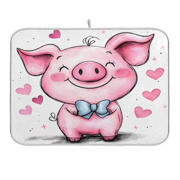 Cute Pink Pig and Heart Dish Drying Mat 16x18 Absorbent Microfiber Draining Rack Pad for Kitchen Counter Sink