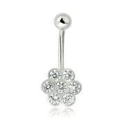 AVORA 10K White Gold Bezel-set Simulated Diamond CZ Flower Belly Button Ring Body Jewelry (14 Gauge)