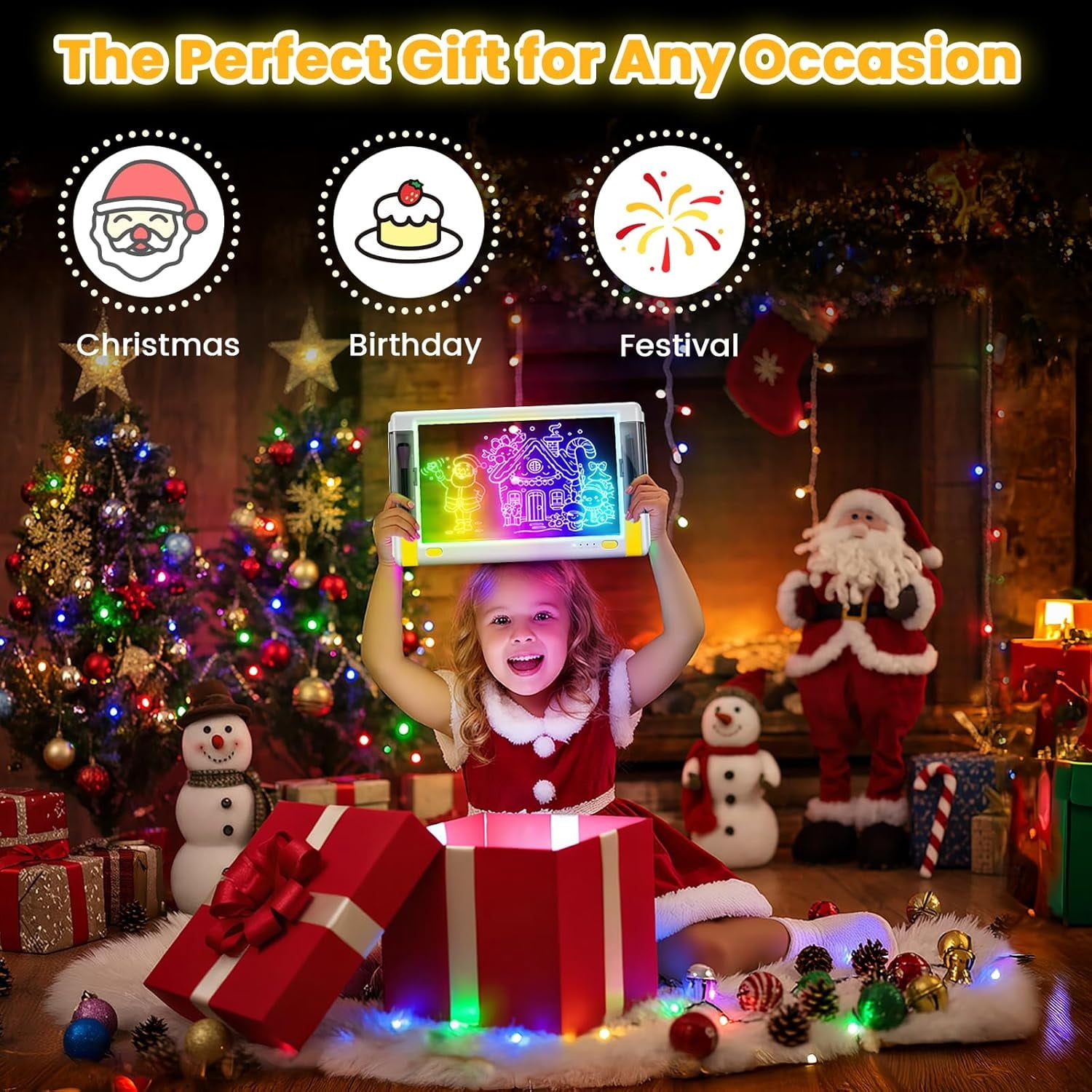 UKEXE 15 Inch Rechargeable LED Drawing Board - 9 Neon Light Modes, Portable Glow Art Tablet with Tracing Sheets, Creative Gift for Kids & Teens (White)