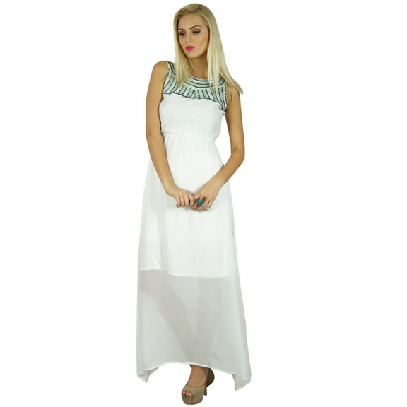 Bimba Women White Long Maxi Dress Half Lined With Beaded Neckline