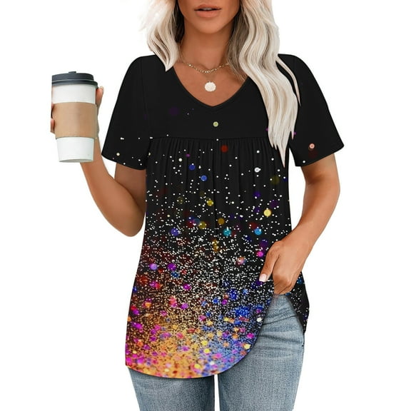 ALLLIST Polka Dot Women's Tops V Neck Short Sleeve Blouse Summer Pleated Pullover Ladies Tops