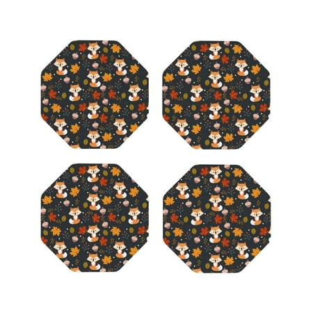

Honeii Autumn Fox Print Leather Coaster Set of 4 Ideal for Safeguarding Your Furniture from Drinks Spills and Effortless Cleanup-Octagon