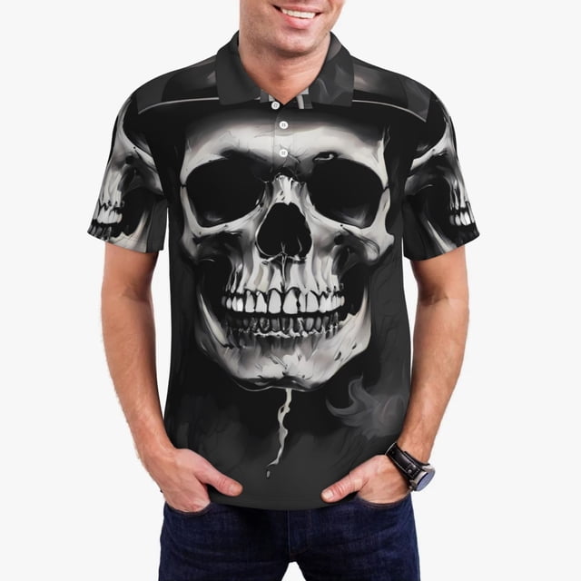 Fotbe Black White Hat Skull Camiseta Polo de Golf para Hombre con Estampado – Camisa Deportiva Transpirable con Cuello Abotonado-Medium