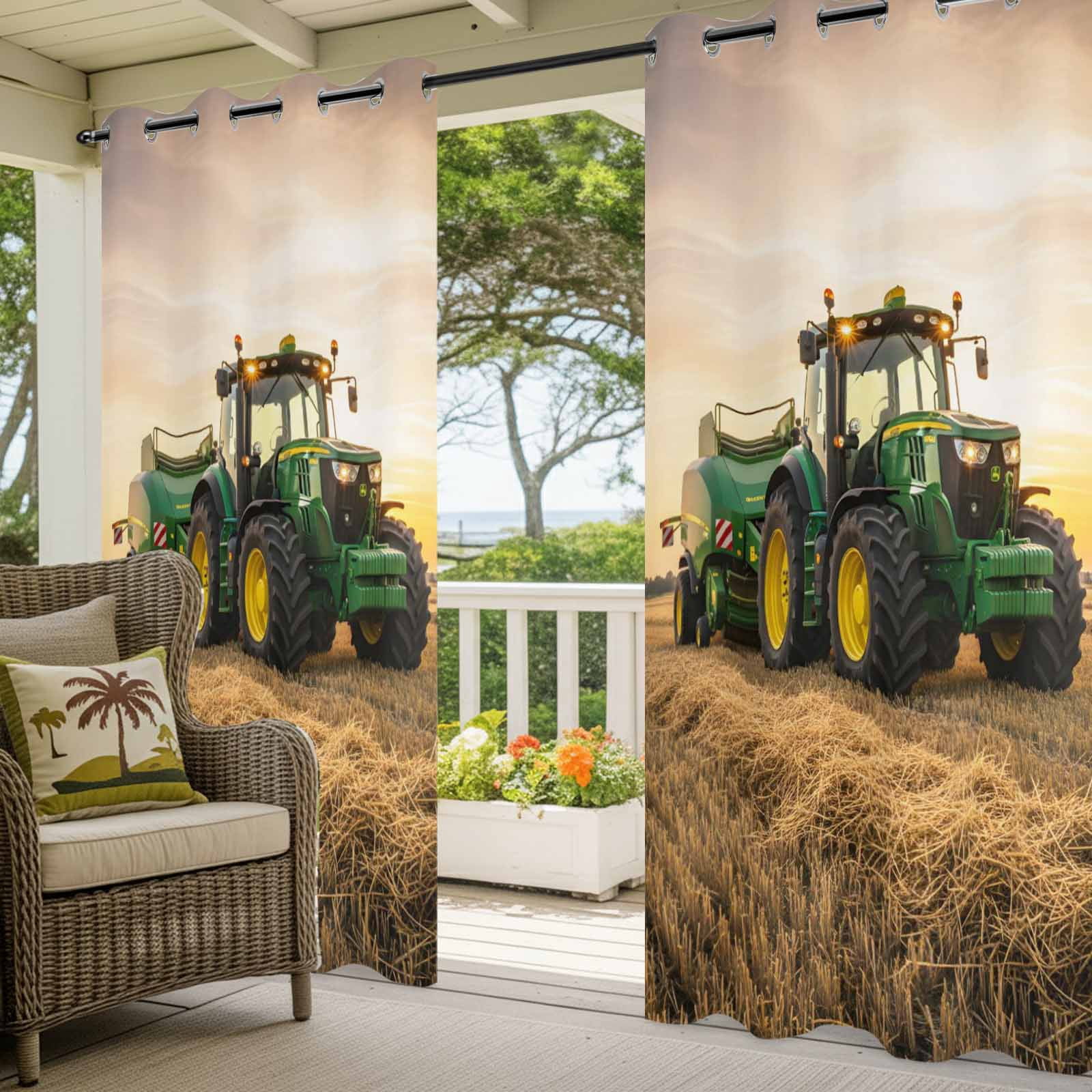 Farmhouse Outdoor Curtains 2 Panels Rustic Country Green Bulldozers Realistic Field Sunset Waterproof Weatherproof Privacy Curtain Thermal Outside Drape for Porch Patio 54 x 108 Inch